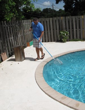 George cleans the pool before the GFY Fantasy Football 2012 Keeper Draft