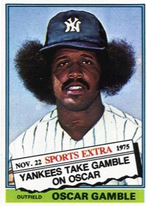 1976 Topps Oscar Gamble Baseball Card New York Yankees -- Trading in Fantasy Baseball is like trading baseball cards.